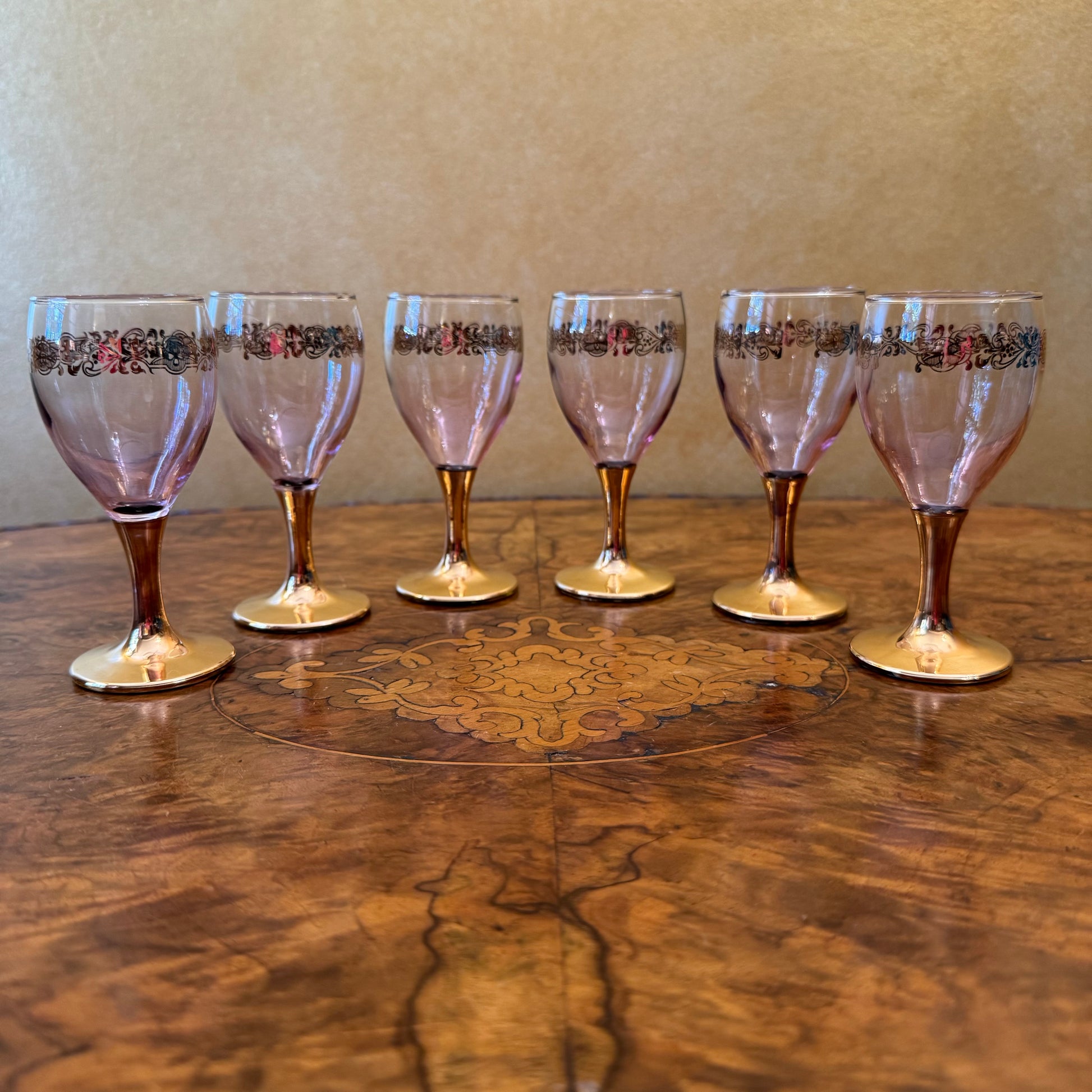 Vintage Glass Gold Pink Tint Port Glasses Set Of Six 