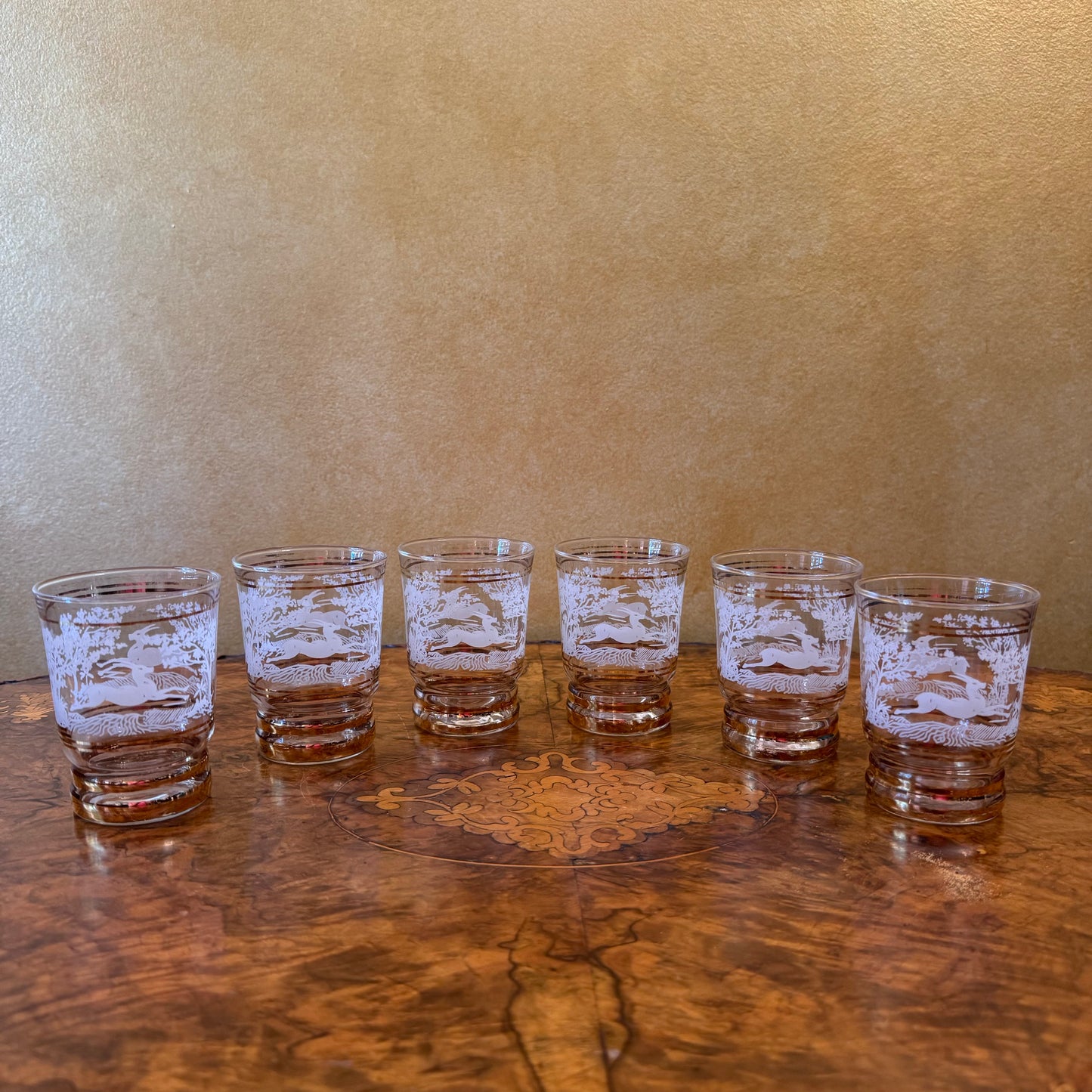 Vintage Glass Leaping Gazelle Deer Forest Glasses Set Of Six 