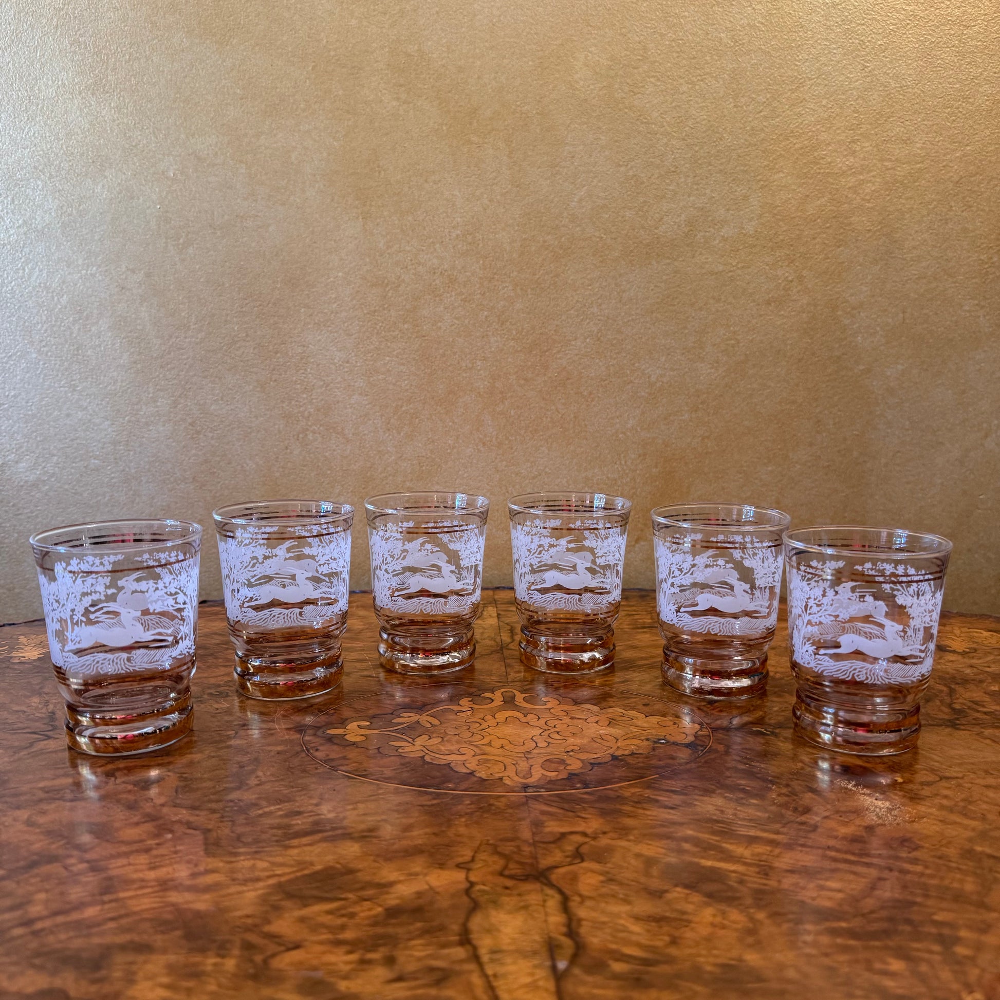 Vintage Glass Leaping Gazelle Deer Forest Glasses Set Of Six 