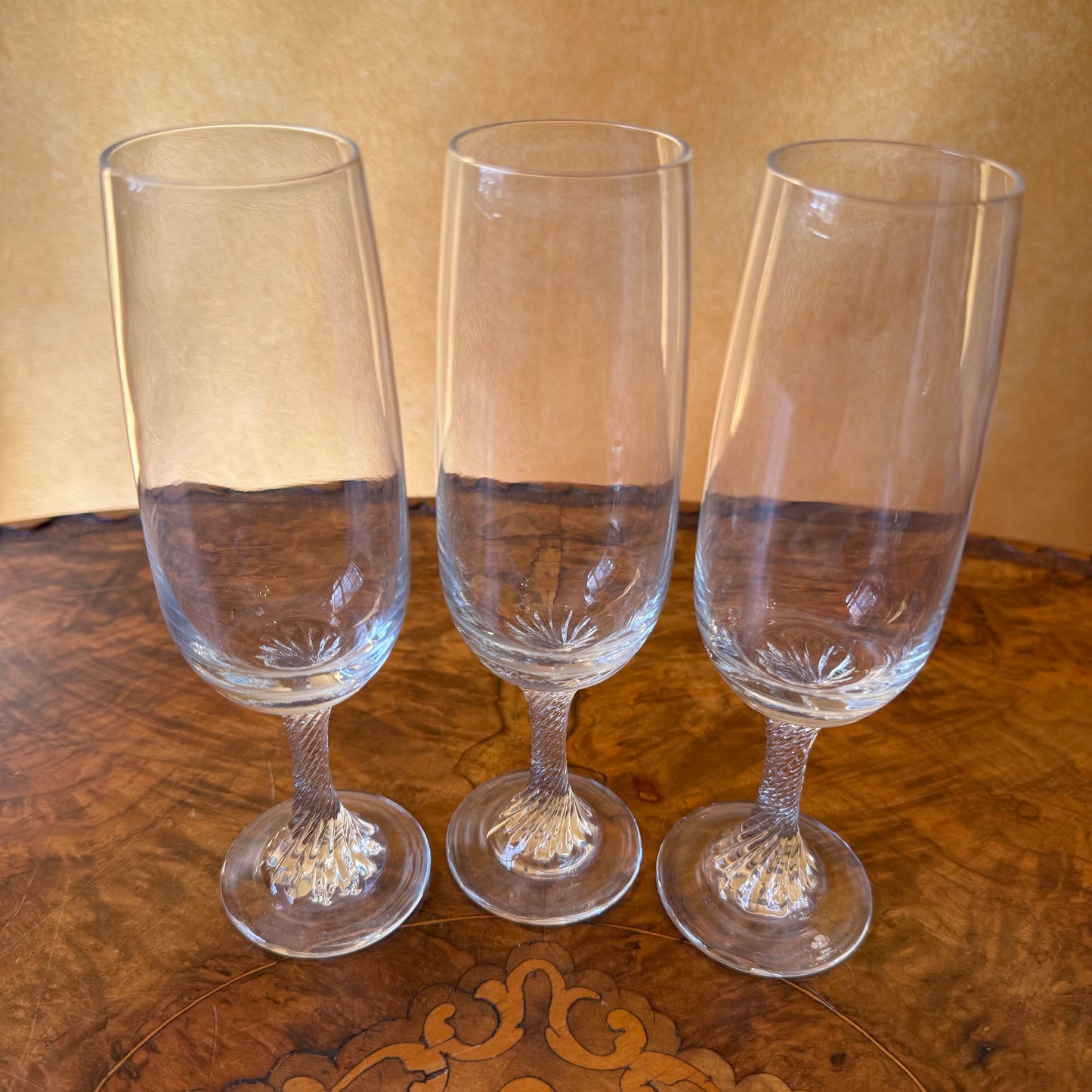Vintage Glass Twist Stem Champagne Flutes Set Of Three 