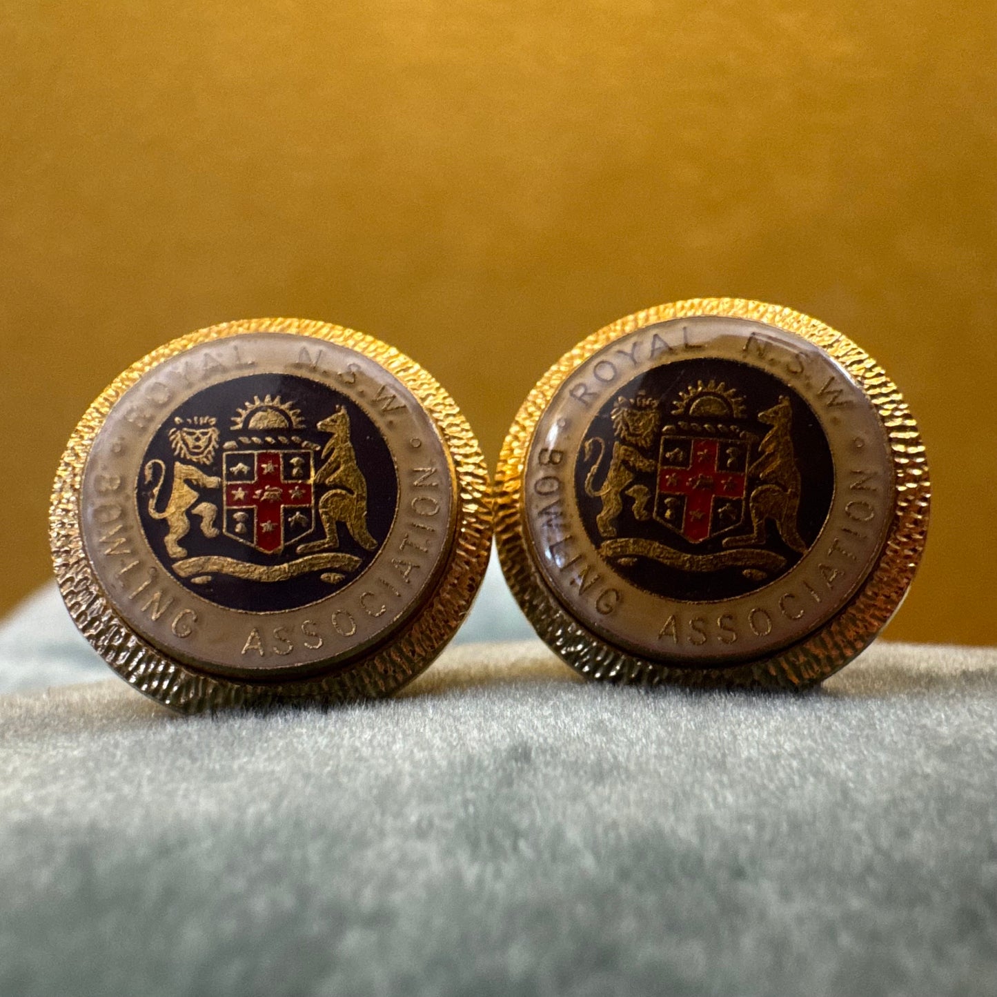 Vintage Gold-Tone Metal Royal NSW Bowling Association Cufflinks