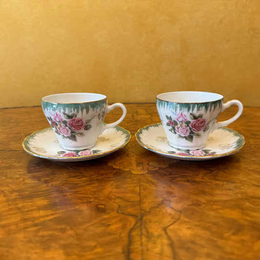 Vintage Green Floral Print Coffee Cups & Saucer Pair 