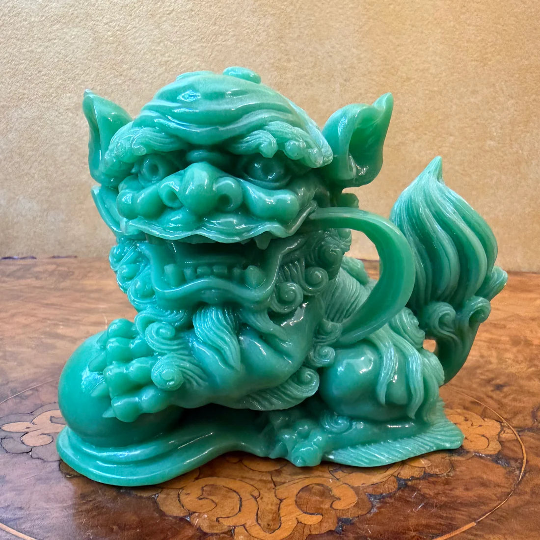 Vintage Green Resin Guardian Foo Dogs Statues Pair