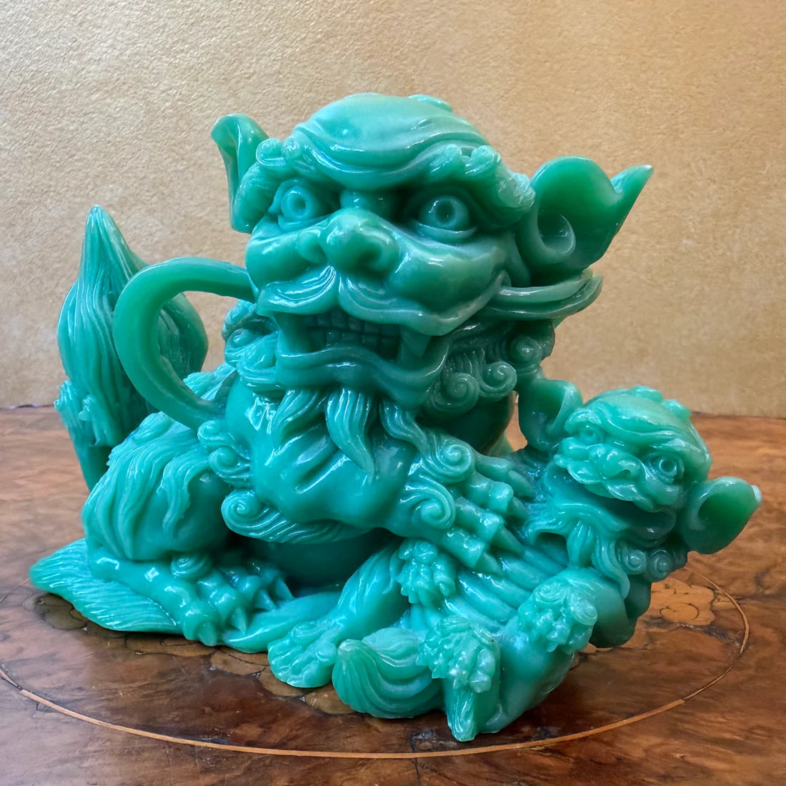 Vintage Green Resin Guardian Foo Dogs Statues Pair