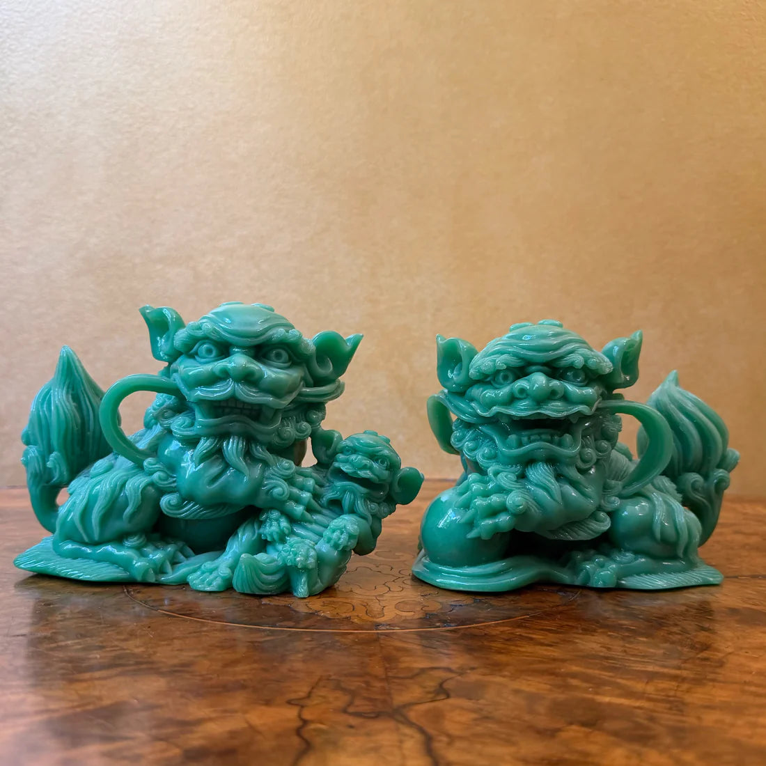 Vintage Green Resin Guardian Foo Dogs Statues Pair