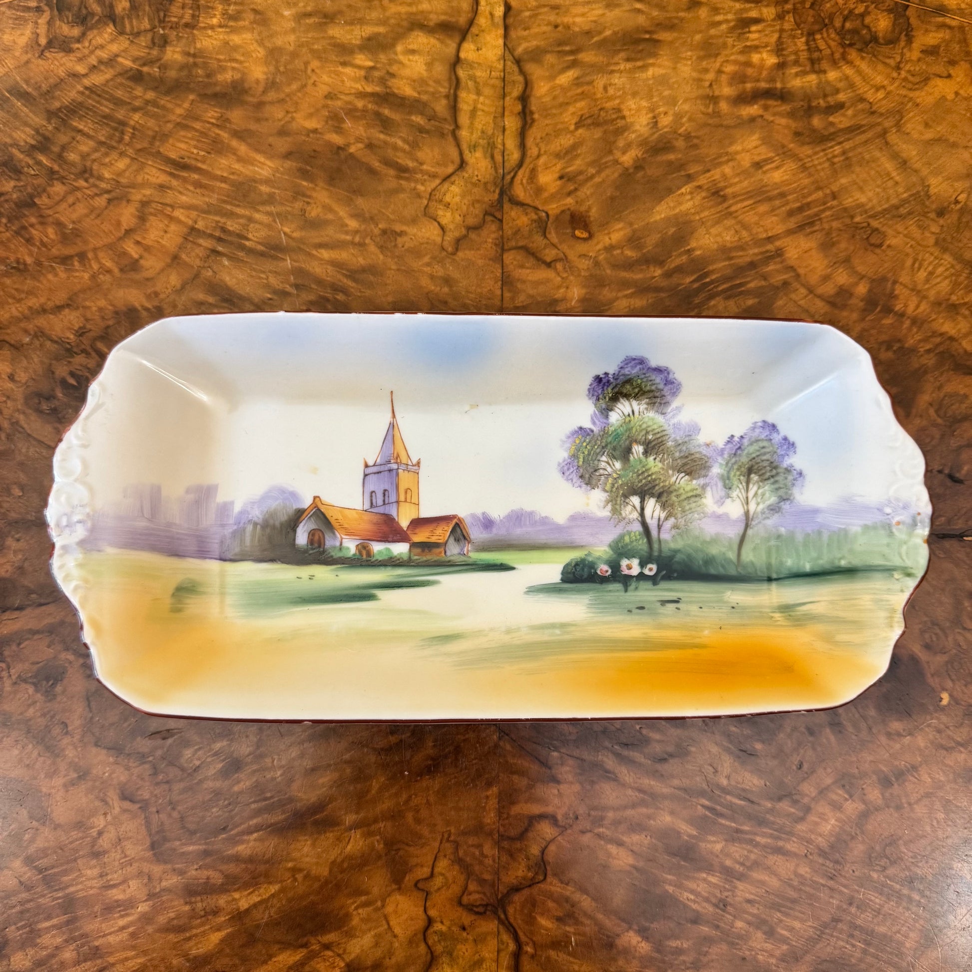 Vintage Hand-Painted Scene Print Rectangle Platter 