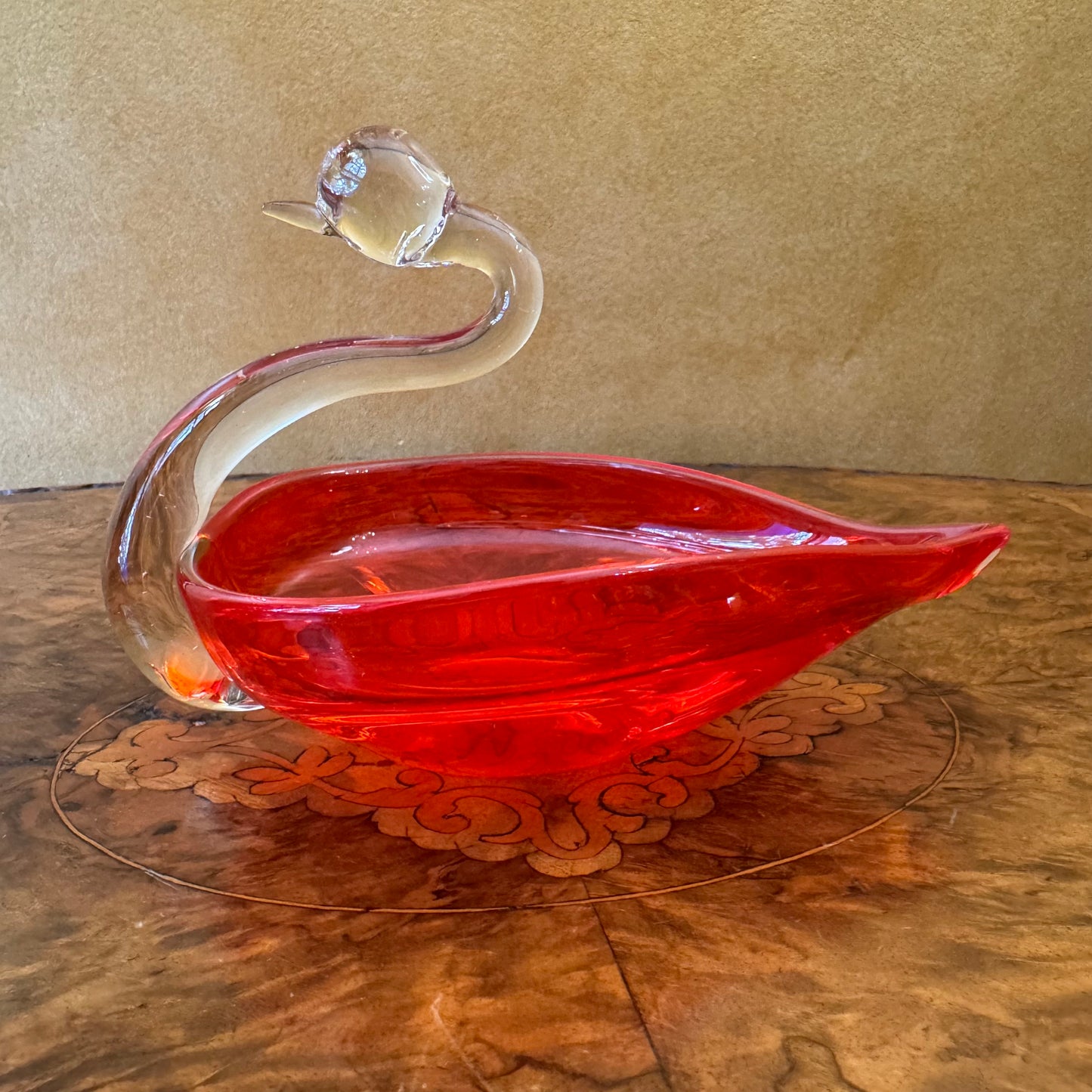 Vintage Hand Blown Glass Red Swan Bowl 