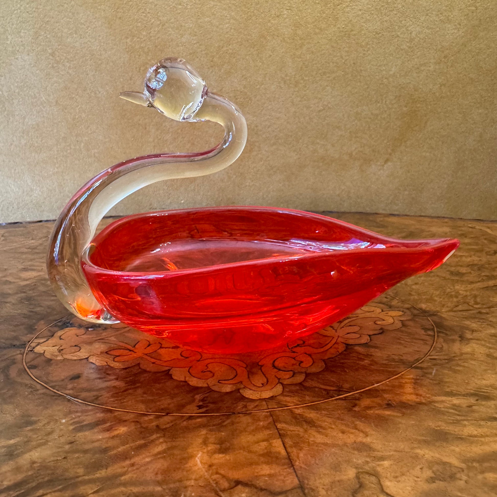 Vintage Hand Blown Glass Red Swan Bowl 