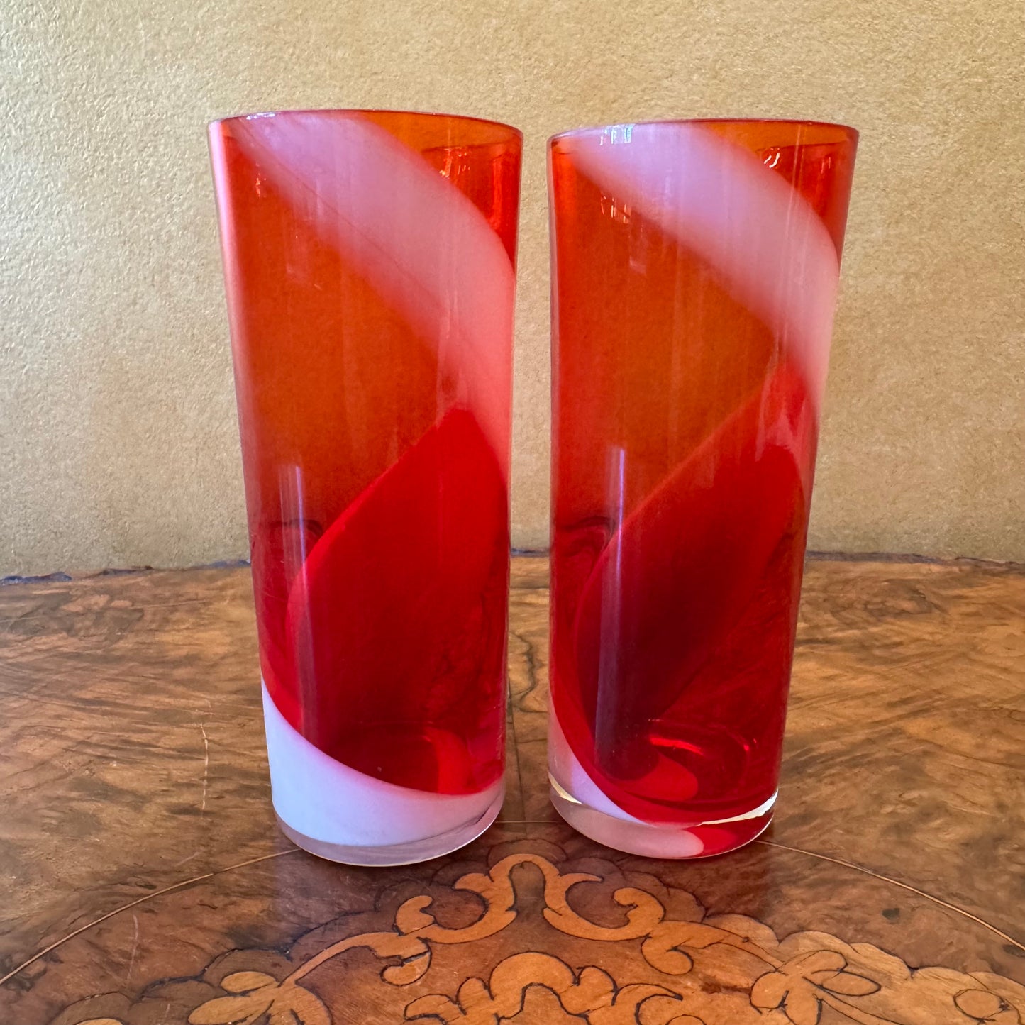 Vintage Harlequin Hand Blown Glass Highball Glasses Pair 