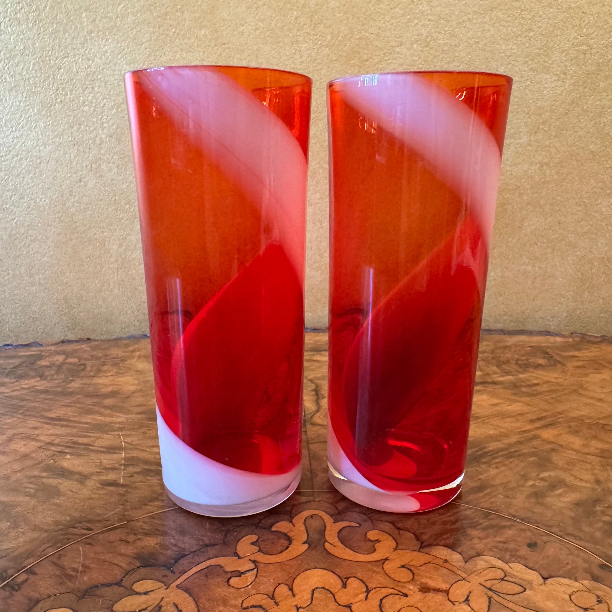 Vintage Harlequin Hand Blown Glass Highball Glasses Pair 