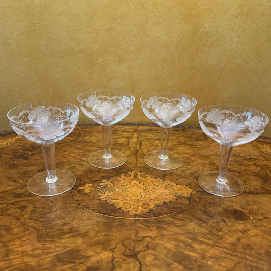 Vintage Hollow Stem Bohemia Grapevine Champagne Coupe Glasses Set Of Four 