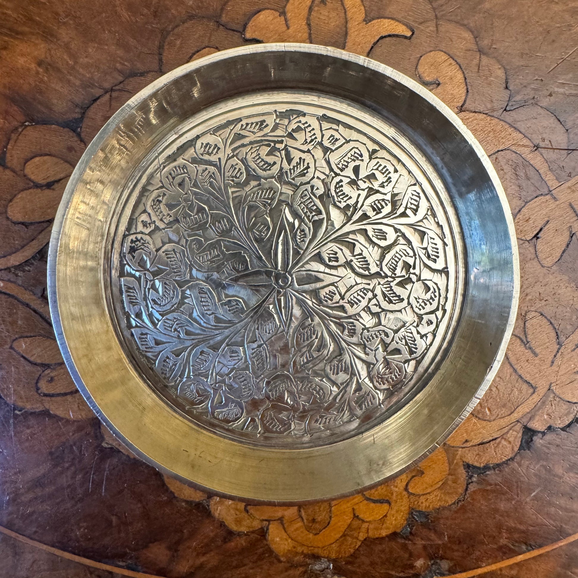 Vintage Indian Brass Floral Pin Trinket Dish