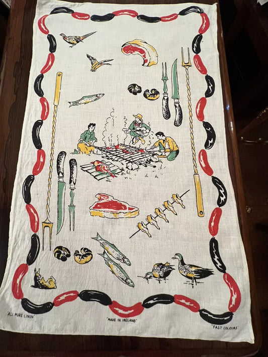 Vintage Irish Pure Linen BBQ Tea Towel