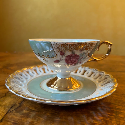 Vintage Japanese Floral Lusterware Aqua Tea Cup & Saucer