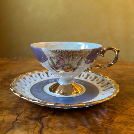 Vintage Japanese Floral Lusterware Purple Tea Cup & Saucer