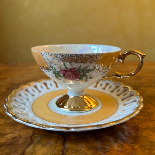 Vintage Japanese Floral Lusterware Yellow Tea Cup & Saucer
