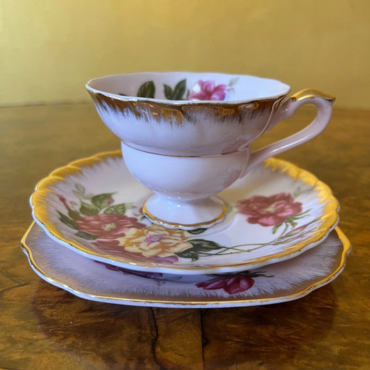 Vintage Japanese Pink Floral Tea Cup Trio Set