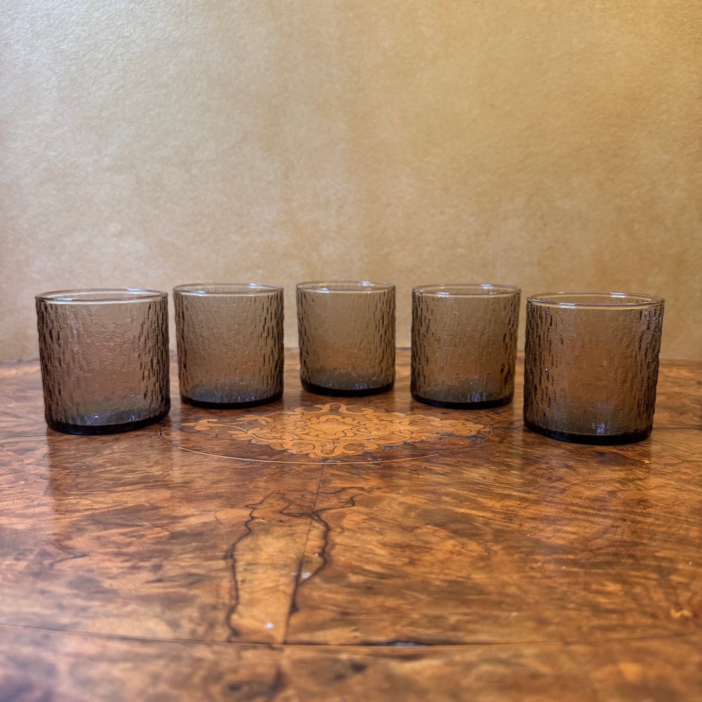 Vintage Kaaru Bark Textured Smokey Grey Tumblers Set Of Five 