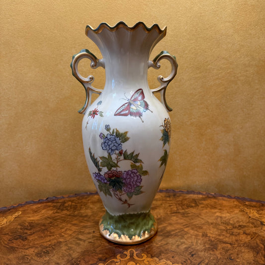 Vintage Large Butterfly Floral Hand-Painted Vase 
