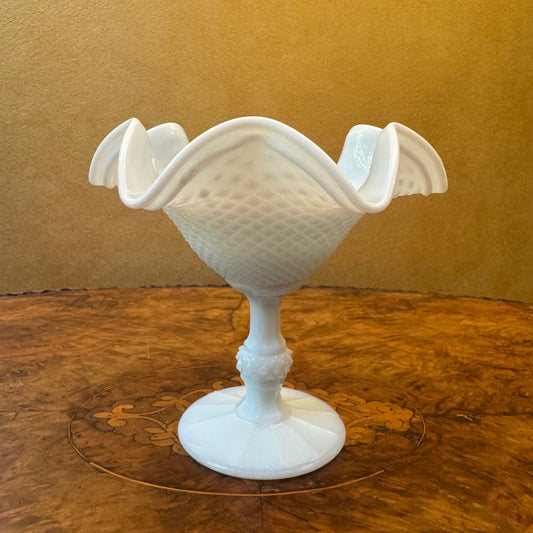 Vintage Light Blue Tone Milk Glass Compote Candy Dish Hobnail Ruffled Pedestal