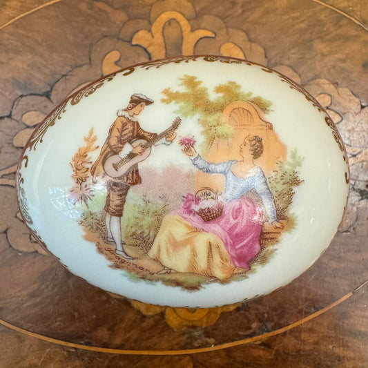 Vintage Limoges France Fragonard Courting Print Egg Shaped Trinket Box 