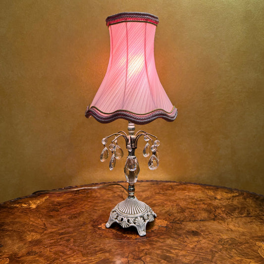 Vintage Metal Crystal Pink Shade Table Lamp 