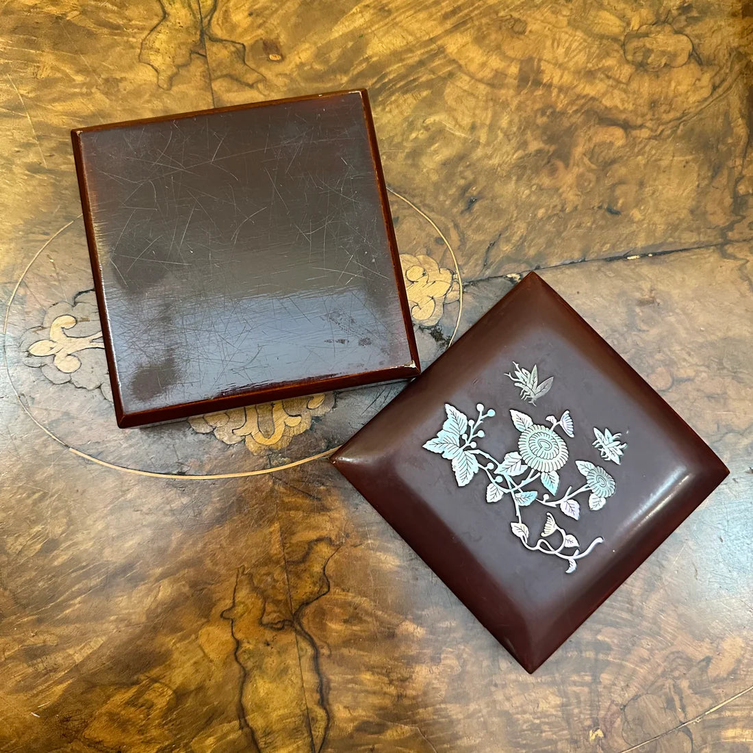 Vintage Butterfly Floral Mother Of Pearl Inlay Wooden Box
