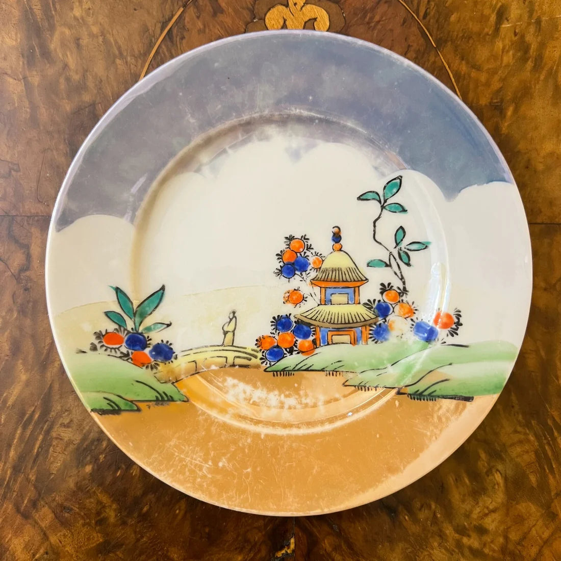 Vintage Oriental Print Tea Cup Trio Set