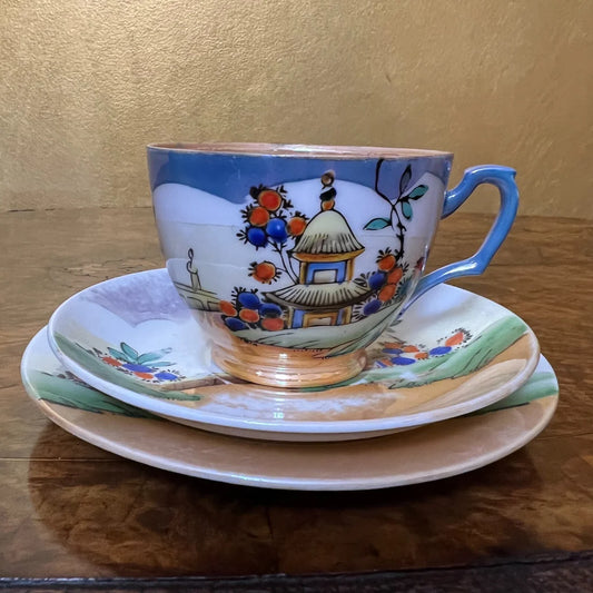Vintage Oriental Print Tea Cup Trio Set