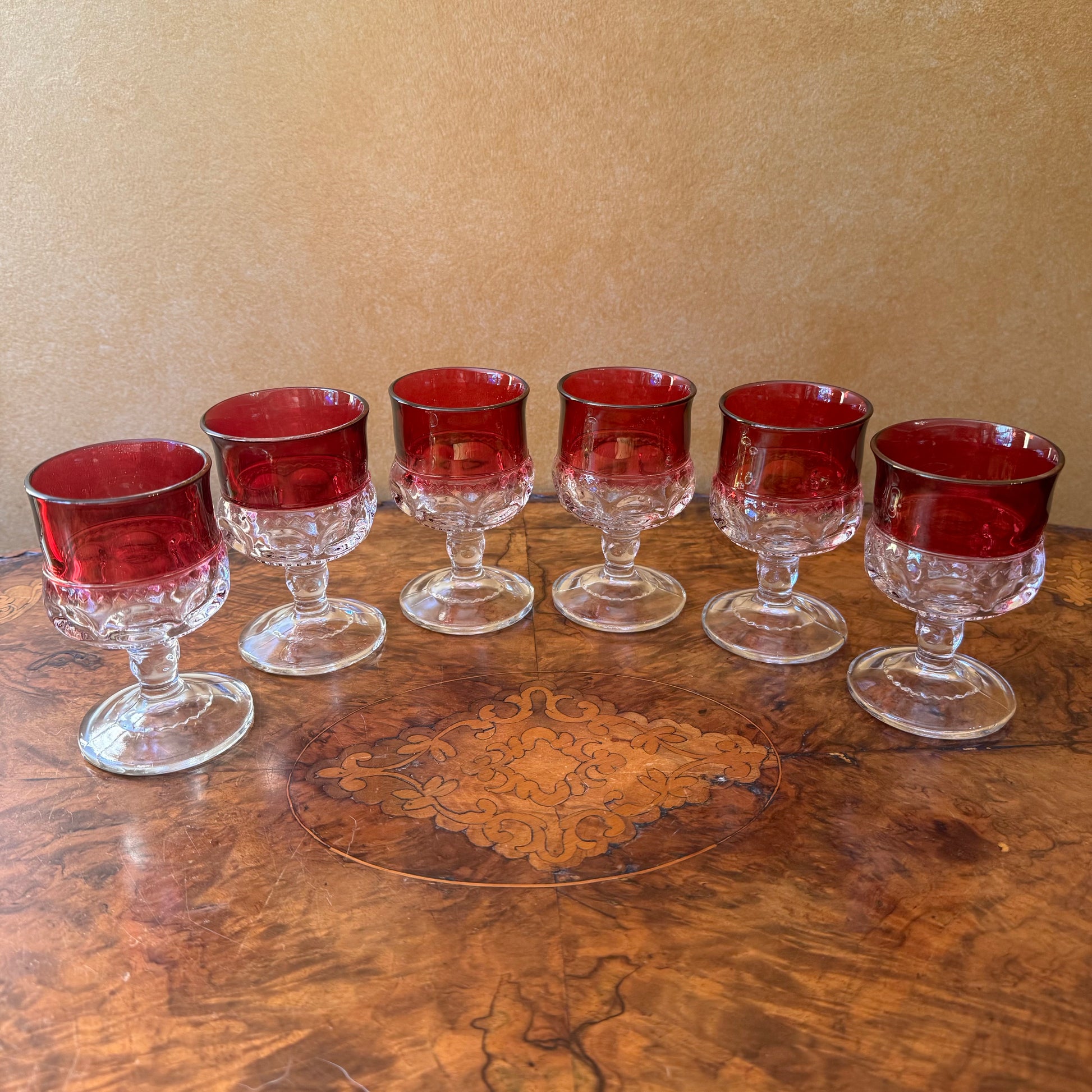 nberry King's Crown Ruby Thumbprint Tiffin Glassware Drinking Glasses Cups Set