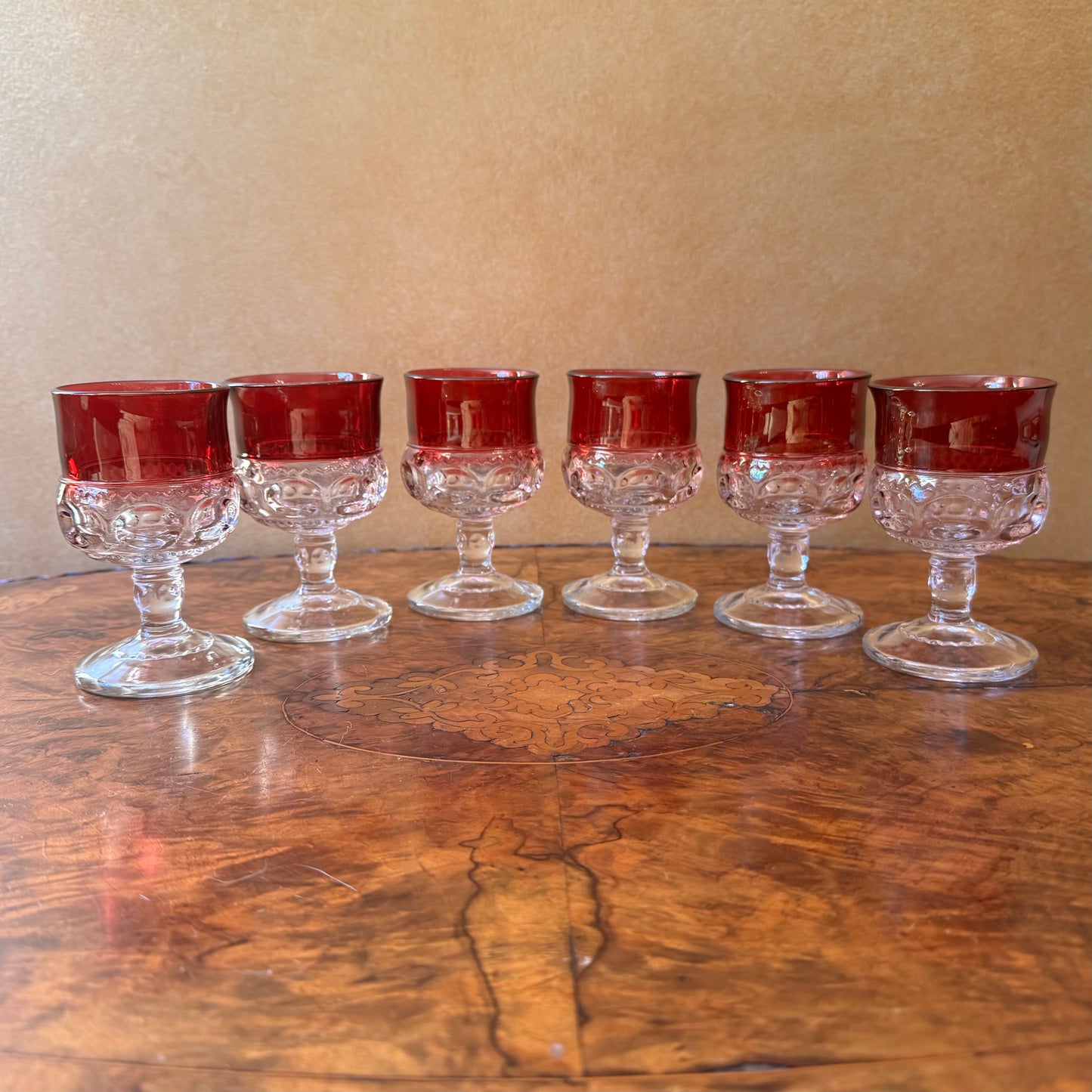Vintage Pink Cranberry King's Crown Ruby Thumbprint Tiffin Glassware Drinking Glasses Cups Set Of Six 