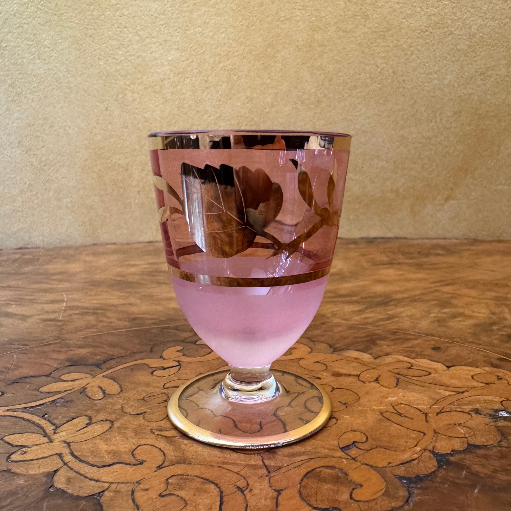 Vintage Pink Glass Gold Floral Shot Glasses 