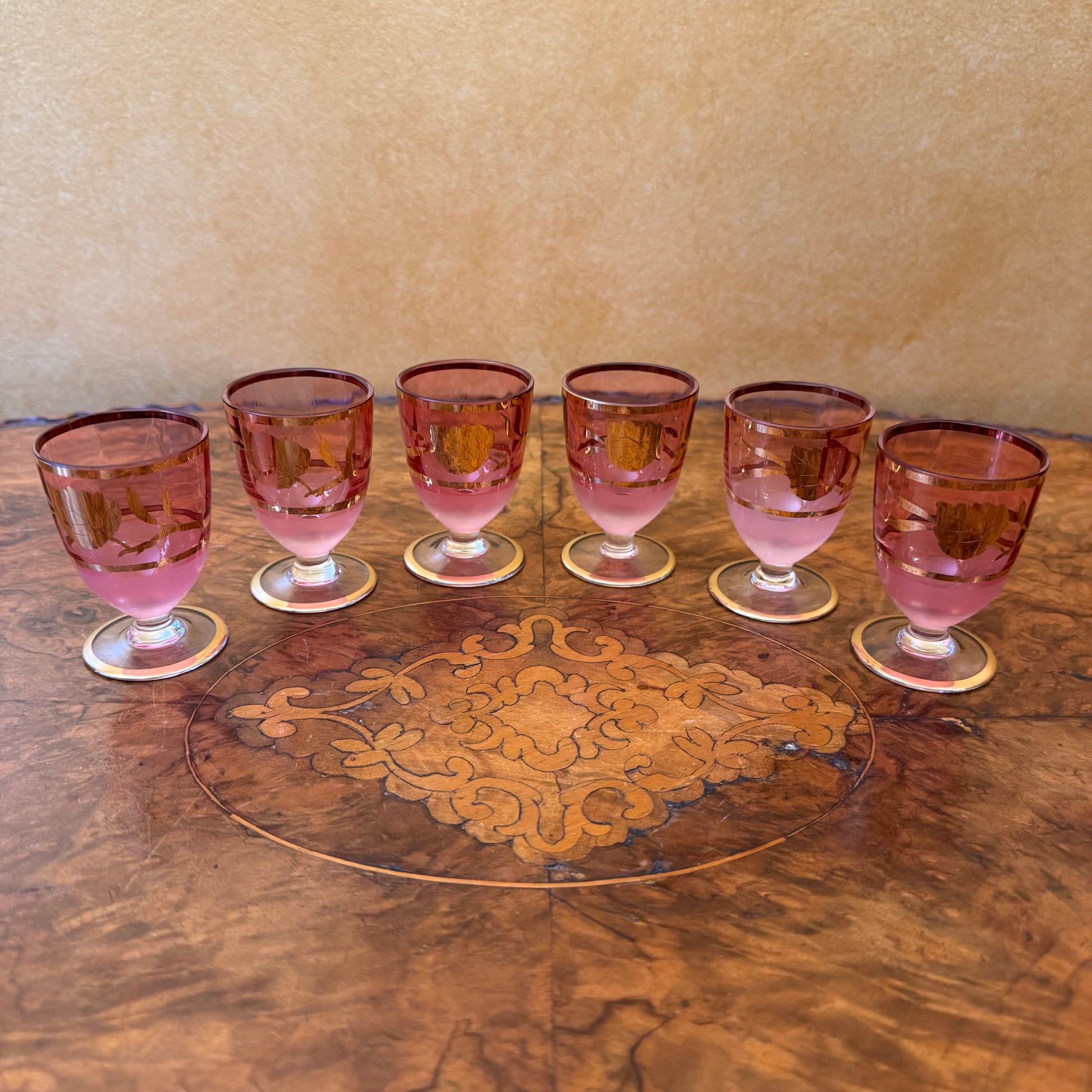 Vintage Pink Glass Gold Floral Shot Glasses Set 