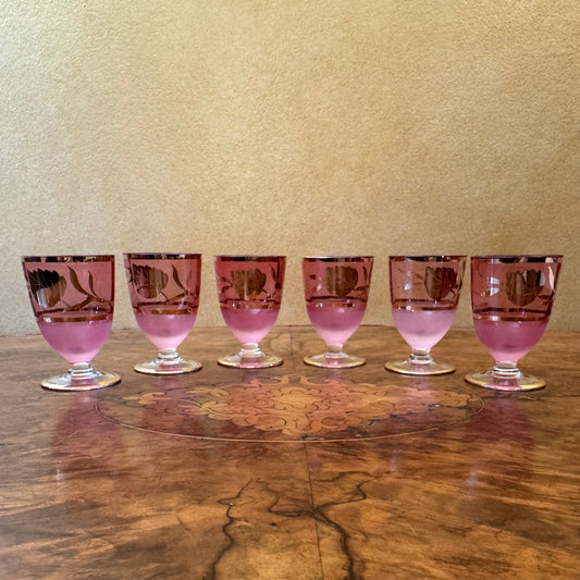 Vintage Pink Glass Gold Floral Shot Glasses Set Of Six