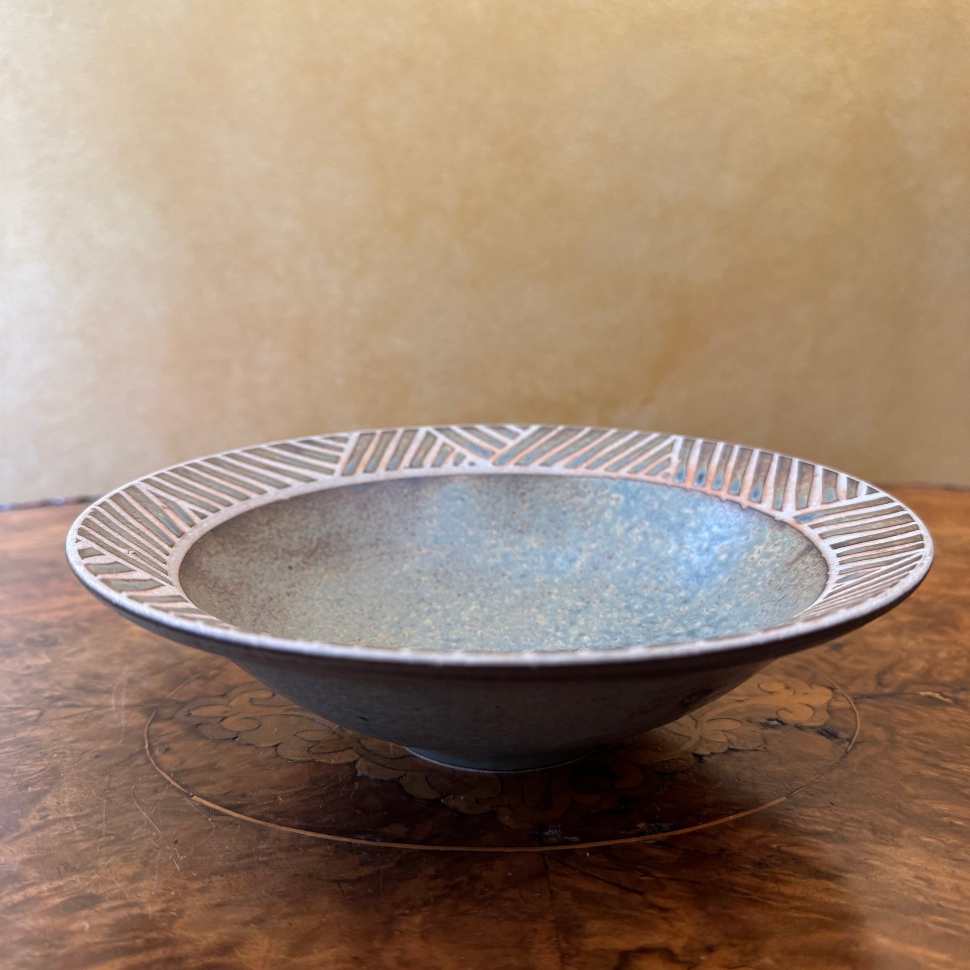 Vintage Pottery Green Brown  Display Bowl 