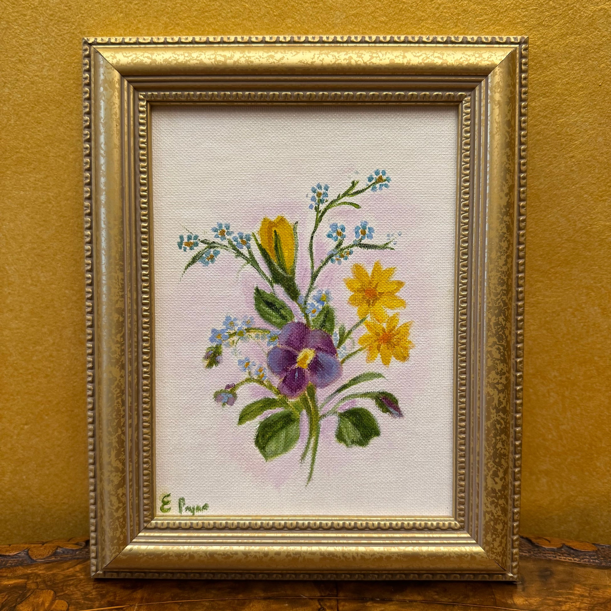 Vintage Purple & Yellow Flower Painting On Canvas In Gold Frame