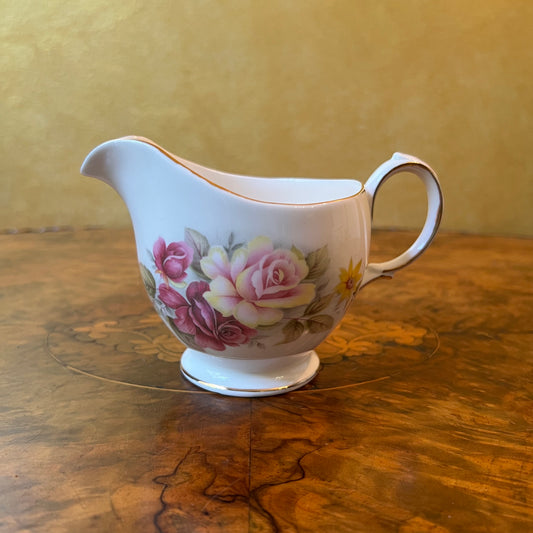 Vintage Queen Anne Pink & Yellow Roses Creamer Jug 