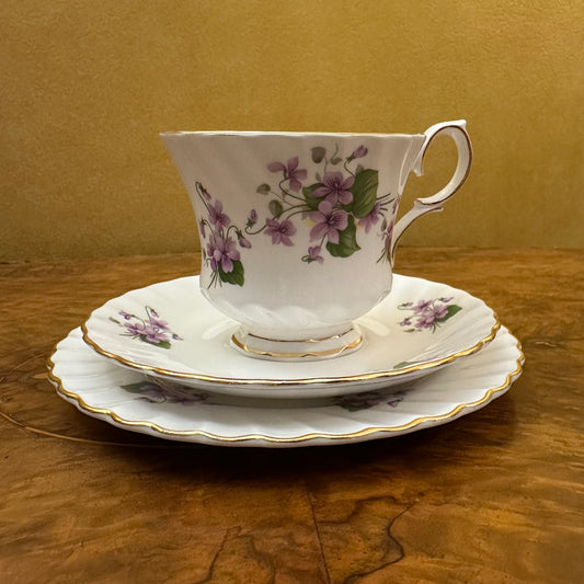 Vintage Queen Anne Violets Print Tea Cup Trio Set