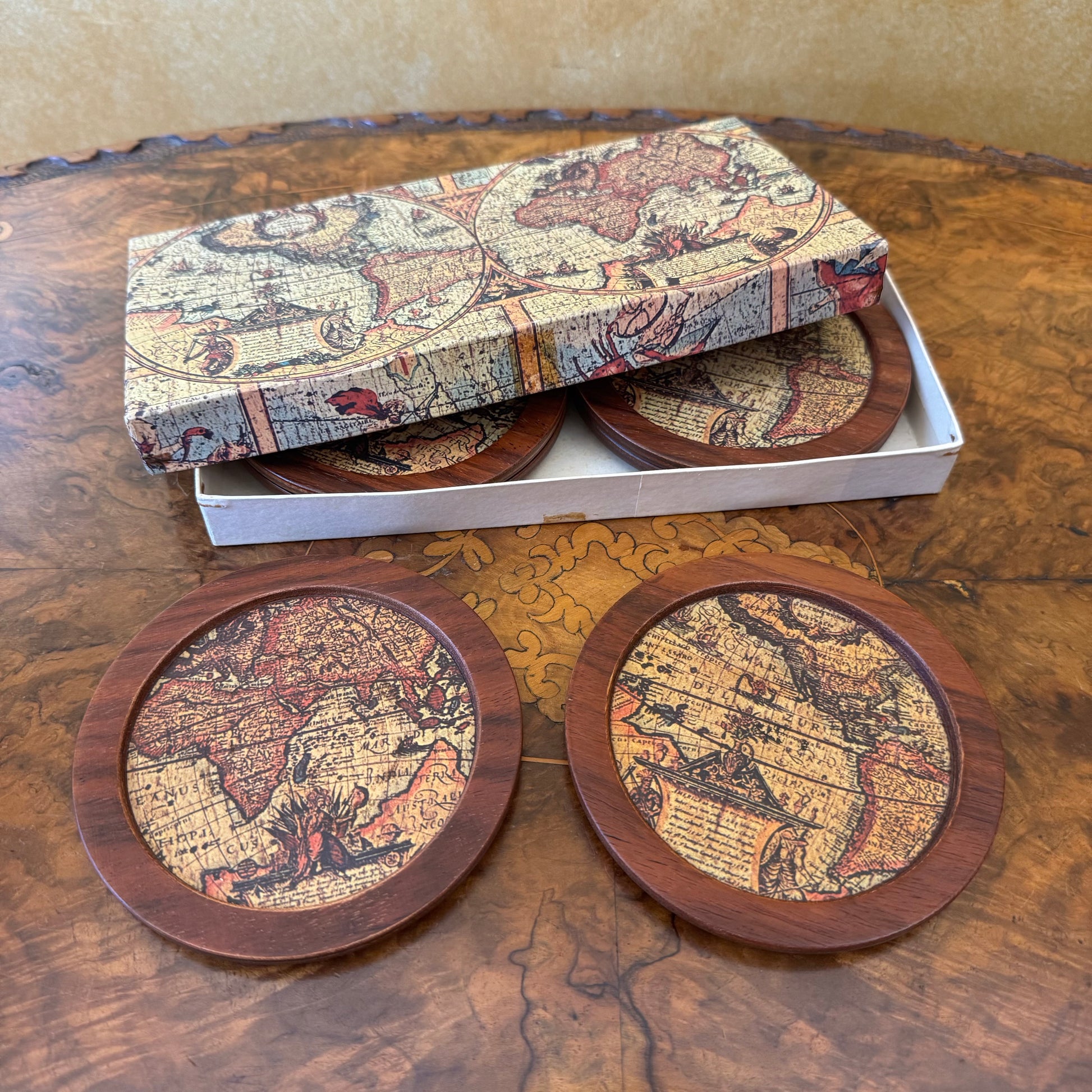 Vintage Rosewood World Map Coaster Set Of Six 