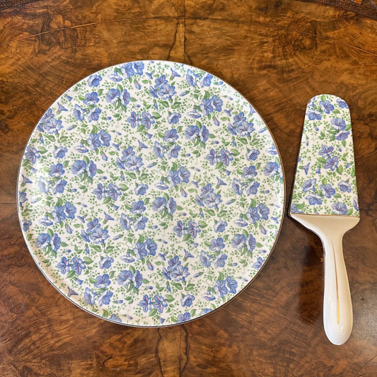 Vintage Royal Tudor Ware Barker Brothers Blue Morning Glory Flowers Cake Plate