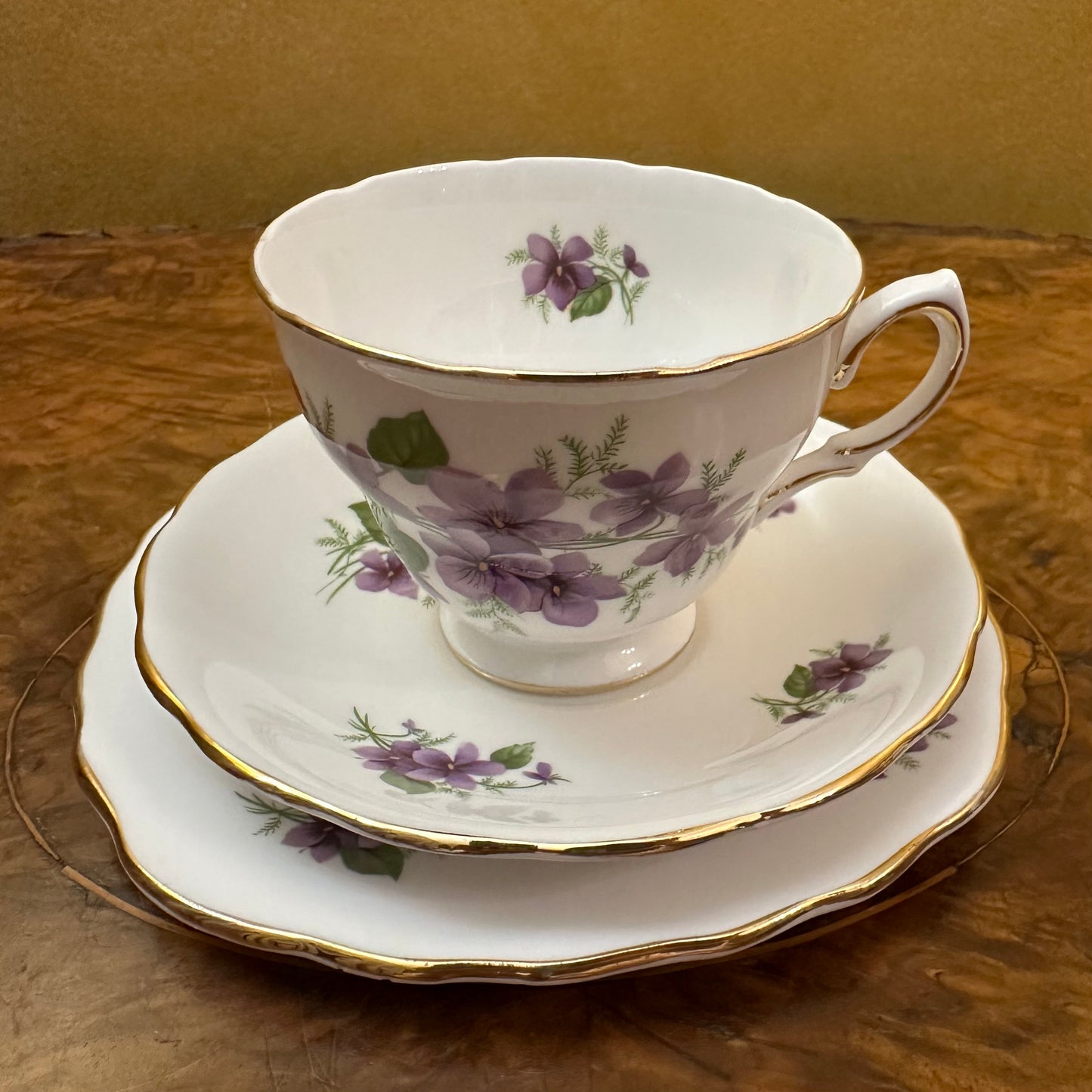 Vintage Royal Vale Violets Print Tea Cup Trio 