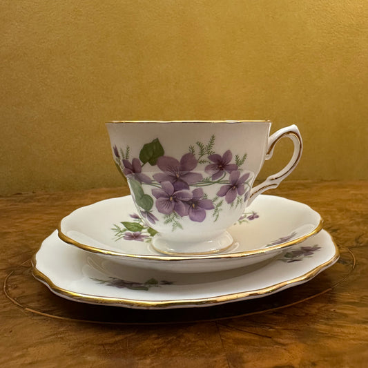 Vintage Royal Vale Violets Print Tea Cup Trio Set