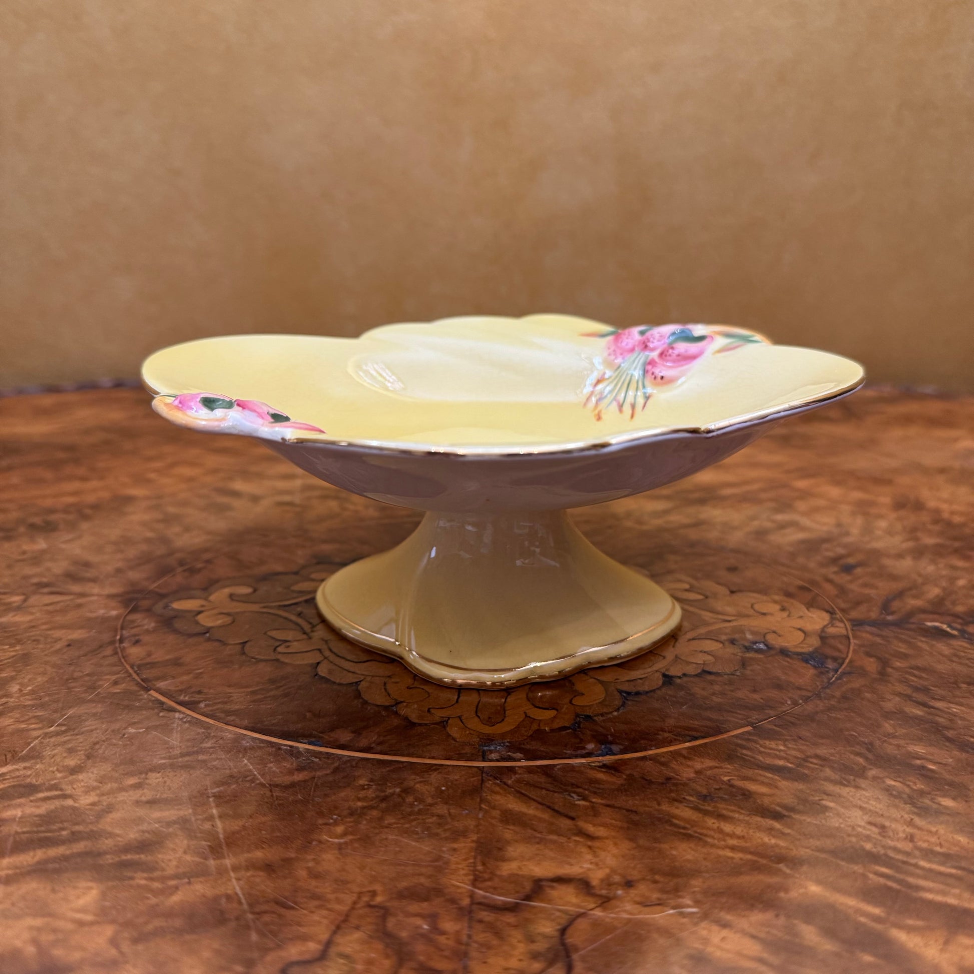 Vintage Royal Winton Pink Lily's Yellow Pedestal Candy Dish