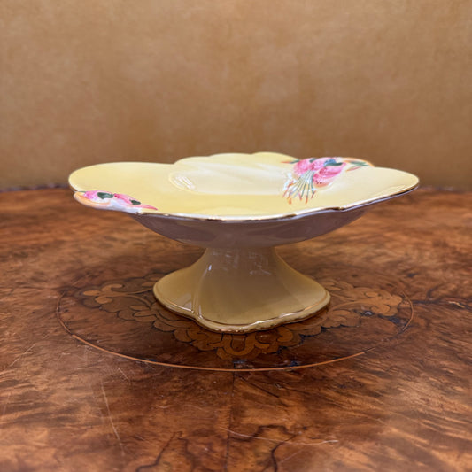 Vintage Royal Winton Pink Lily's Yellow Pedestal Candy Dish