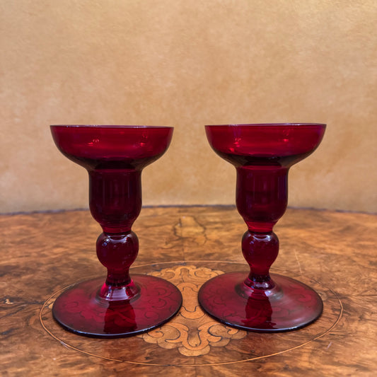 Vintage Ruby Glass Candlesticks Pair 