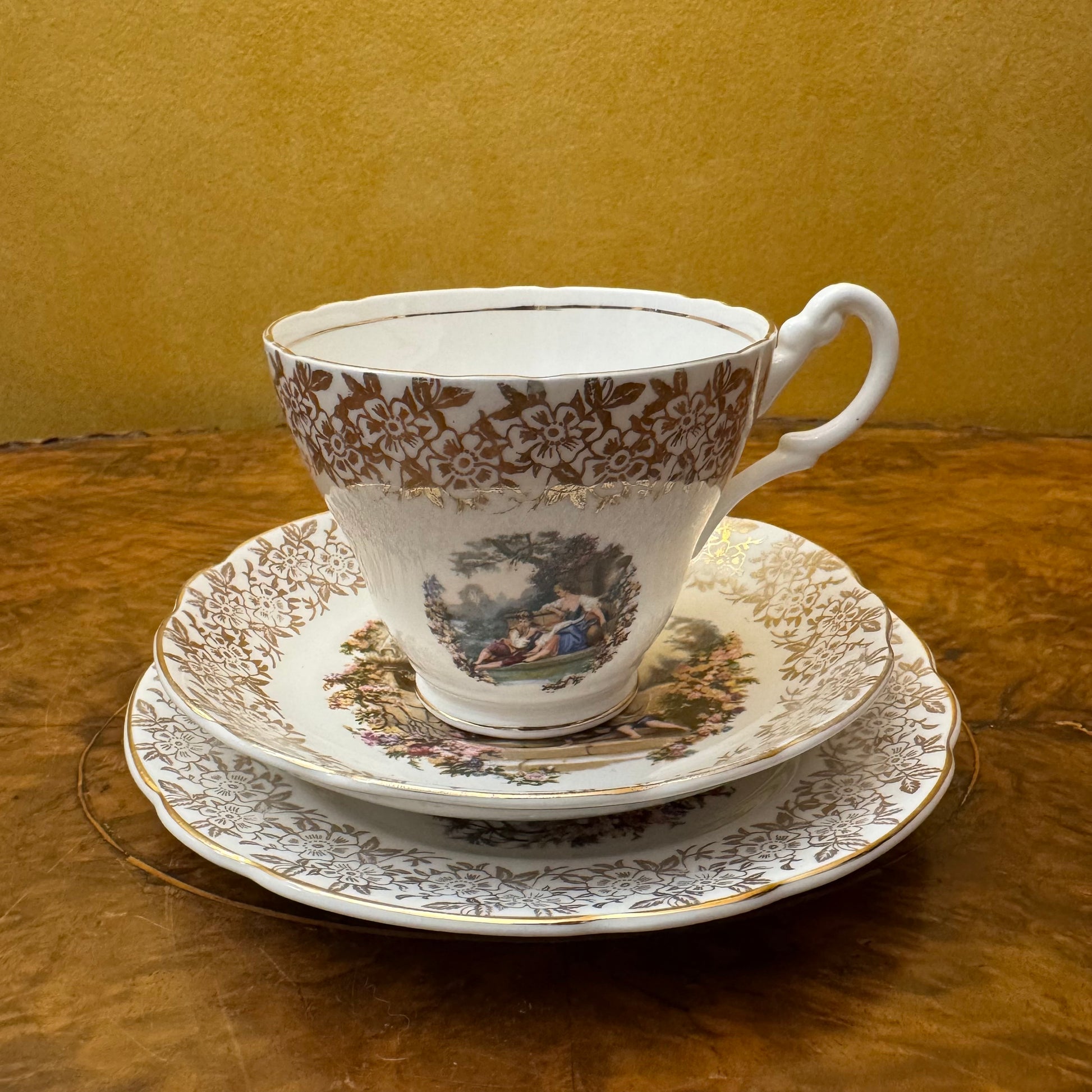 Vintage Springfield Pottery Courting Print Tea Cup Trio