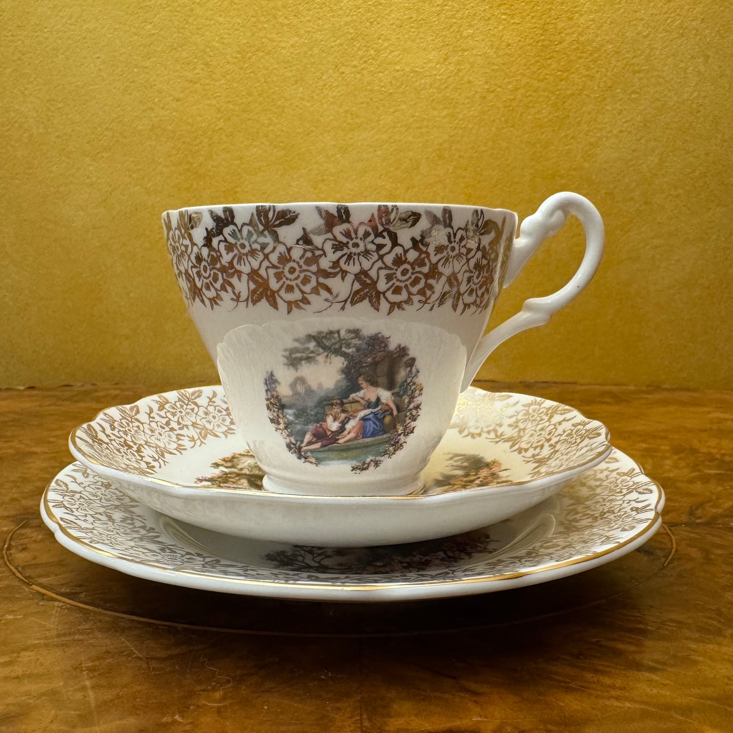 Vintage Springfield Pottery Courting Print Tea Cup Trio Set 