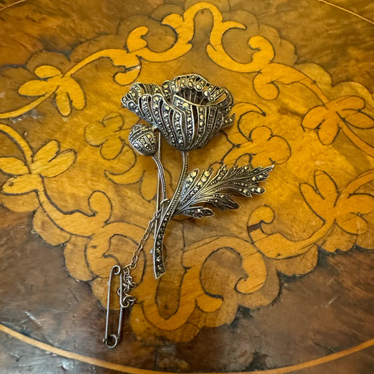 Vintage Sterling Silver Marcasite Flower Brooch