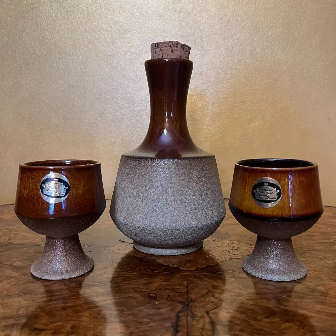 Vintage Dana Safari Pottery Decanter & Two Cups