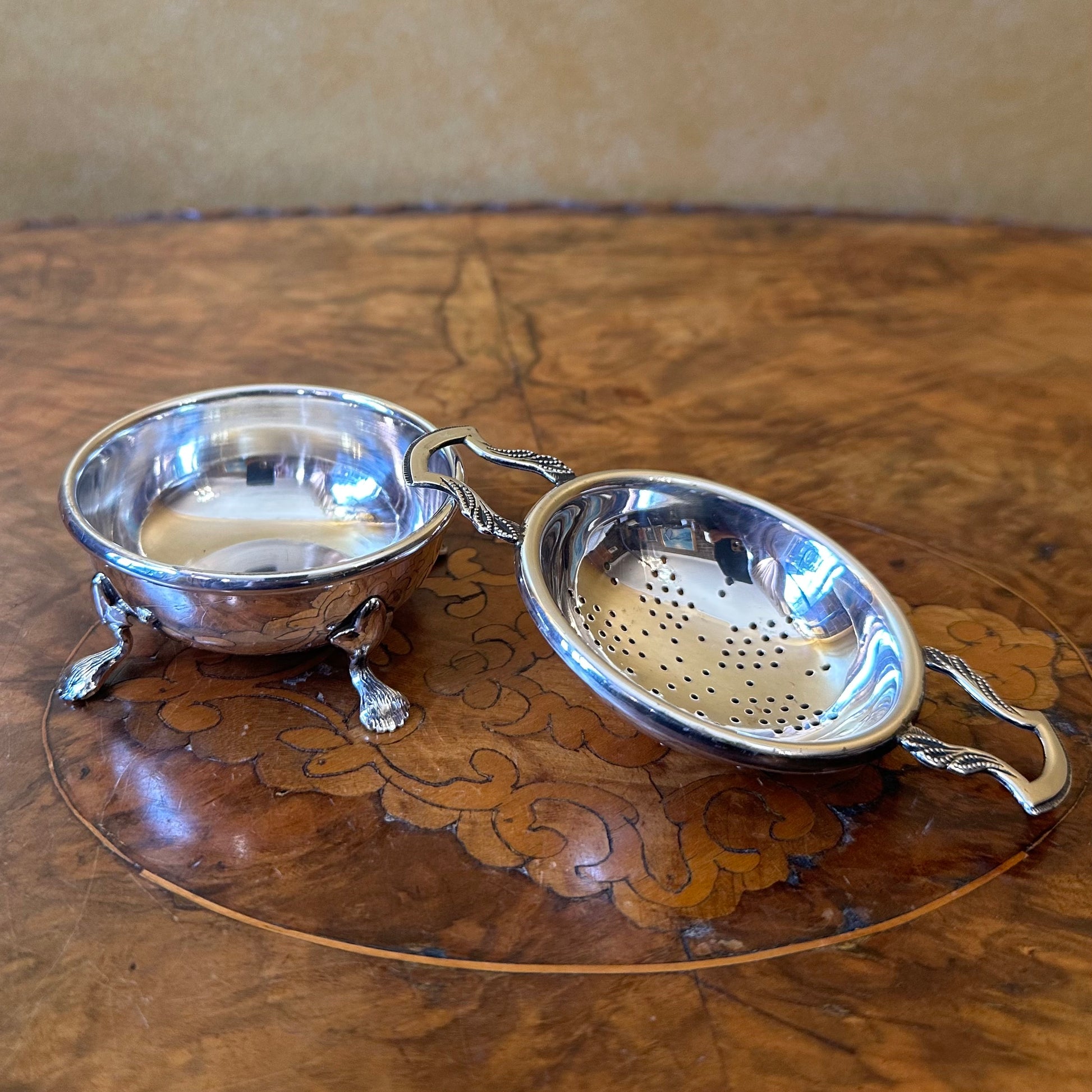 Vintage Strachan Silver Plated Tea Strainer & Bowl 